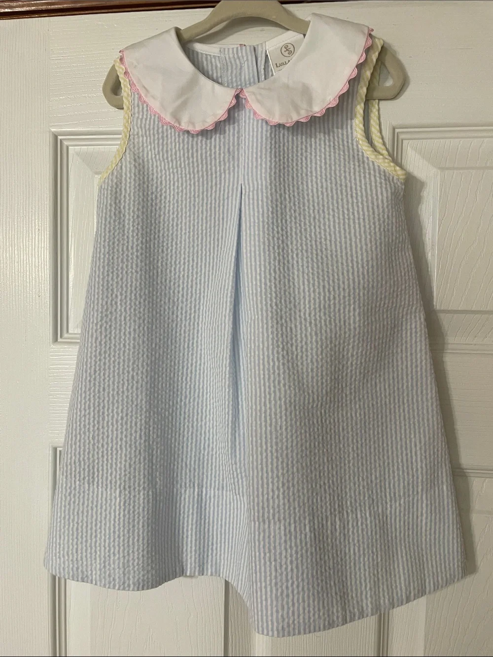 Light Blue Seersucker Peter Pan Collar Dress with Pink & Yellow Trim